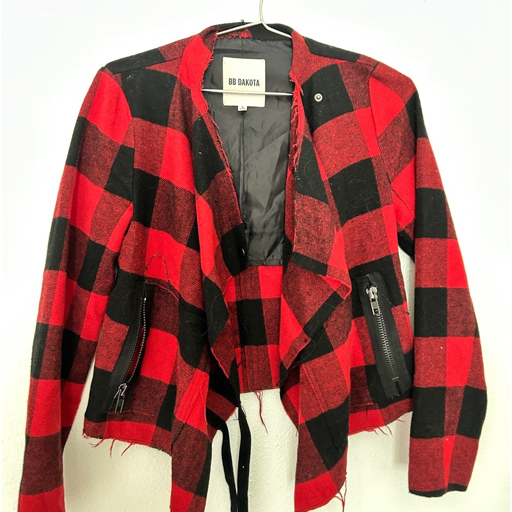 BB Dakota Womens Black & Res Buffalo Plaid Open Front Jacket Small